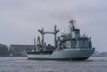 WARSHIP - A supply ship of the German Navy is sailing to sea port
