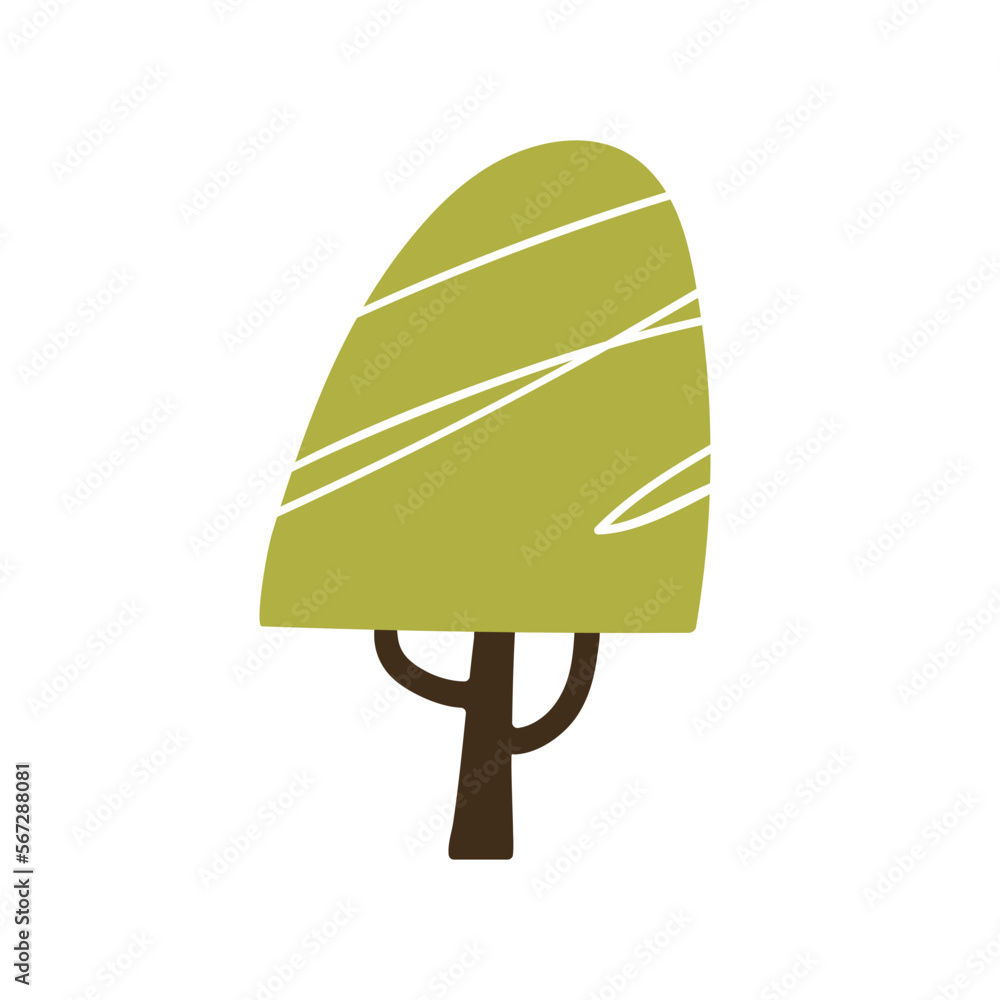 Poster childish abstract tree. forest summer plant with green foliage crown, branches, trunk. primitive bot