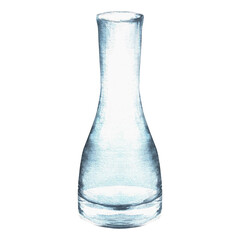 Glass narrow vase for flowers. Light blue glass vase. Hand-drawn watercolor illustration. 