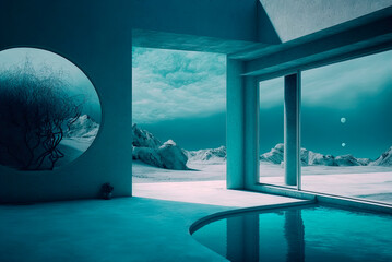 Fictitious futuristic construction. Concrete walls and floors and different decorative architectural elements. Swimming pool integrated in which reflect different elements. Generative AI