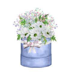Hand-drawn watercolor bouquet of white flowers in a box with ribbons