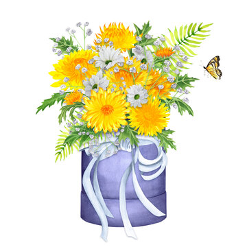 Hand-drawn watercolor bouquet of white and yellow chrysanthemum flowers in a box with ribbons