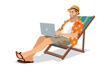 Happy man working with laptop sitting in the beach chair.Business trip. Summer vacation - obrazy, fototapety, plakaty