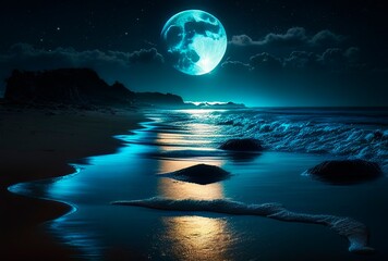 Beautiful night landscape of tropical beach with full moon in the ocean beach. Generative AI
