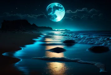 Fotobehang Beautiful night landscape of tropical beach with full moon in the ocean beach. Generative AI © Sirius1717