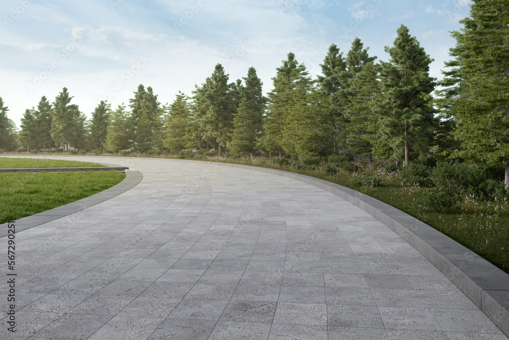 Aufkleber empty curved concrete path with meadow and tree. 3d rendering of abstract space with sky background.