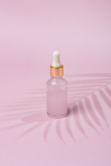 Glass cosmetic bottle dropper with beuty oil or serum for skin care on pink background. Natural skin care concept. Hard shadows of palm tree