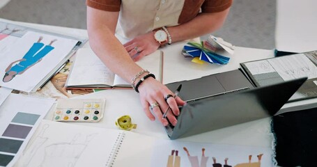 Laptop, fashion designer or hands writing research for branding, logo or brand identity in small business. Online, ecommerce or person searching or planning a strategy on notebook in startup boutique