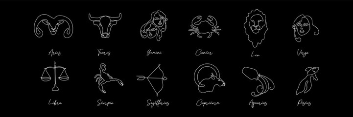Astrology symbol zodiac signs horoscope set in line art style on black background