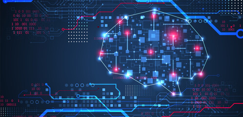 Abstract background on the theme of artificial intelligence. Brain shape with technological elements inside the contour.