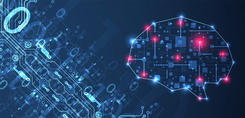 Abstract background on the theme of artificial intelligence. Brain shape with technological elements inside the contour.