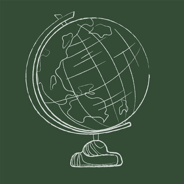 Earth globe model imitation drawn on green chalk board,outline vector illustration.Icon,print,label,logo depin template.Education equipment concept.School Globe Doodle Sketch