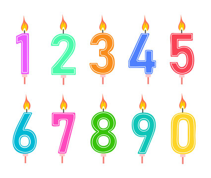 Candles for kids birthday holiday cake cartoon vector set. Child birthday party celebration number candles with colorful patterns and fire, anniversary holiday cake or pie decoration collection