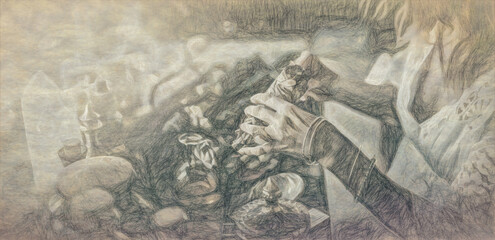 incense in a woman hand, ceremony space and drawing effect.