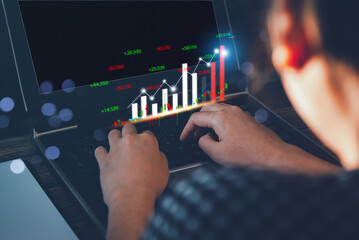 Businessman analyzing digital virtual graphics profit forecasting company business growth 2023. Calculating financial data for global investment and professional planning development, capital markets