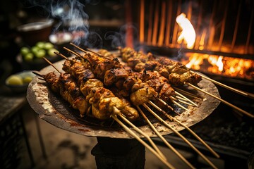 Close up of  chicken satay. Asian street food barbecue. Generated by AI.