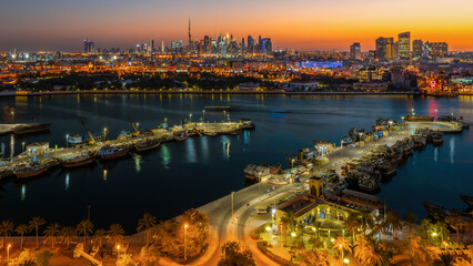View across the Dubai creek and downtown skyline with the Burj Khalifa in the background