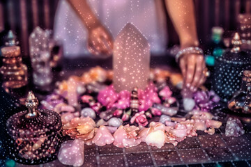 beautiful altar with crystals and rose flowers. Painting effect.