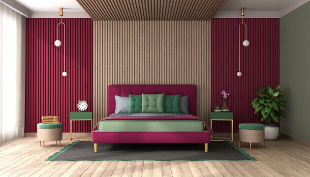 Modern beroom with double bed agaist wood paneling