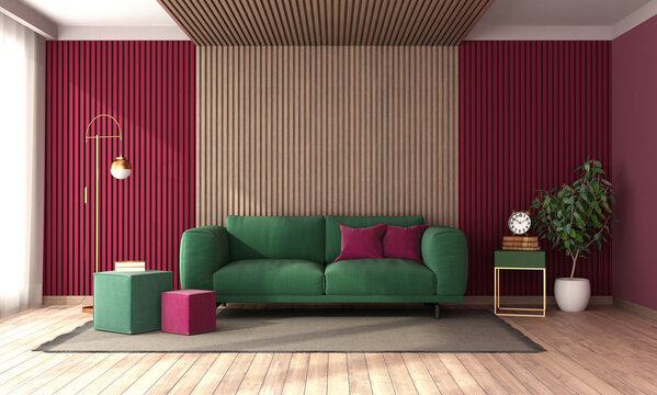 Living room with green sofa against wood paneling