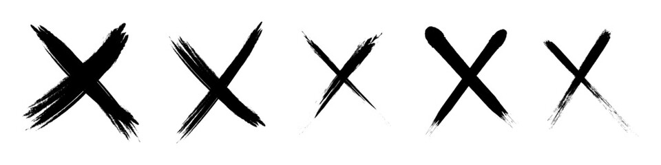 Crossed brush strokes. X black mark set. Cross sign graphic symbol. Vector illustration isolated on white background.
