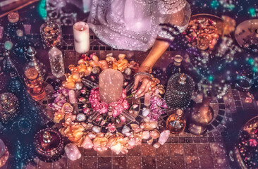 beautiful altar with crystals and rose flowers. Painting effect.