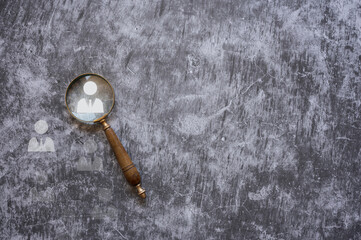human resources team leader recruitment concept, magnifying glass with background and icon, employment agency, management , business strategy, recruiting new employee.