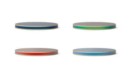 Set of 3D colored round podiums, pedestal or platform with golden edging. Design elements isolated on background for product presentation. 3D illustration.