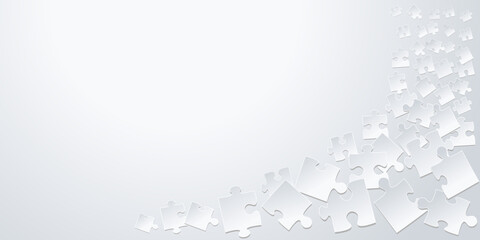 Vector rectangle banner jigsaw template with particles, details, tiles, parts. Top view of unfinished white puzzle pieces isolated on grey background