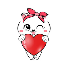 Cute lovely kitty. Valentine day illustration. Vector.