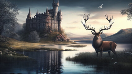 fantasy deer on the river and castle 