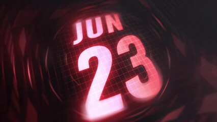 23 June in 3d motion graphic. Infrared calendar in futuristic and tech glowing neon for takes, commemoratives in led and etc. 4k in loop