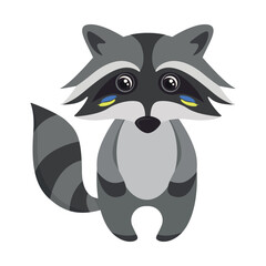Cute Little ukranian Cartoon Raccoon. Character illustration design isolated on white Background. For kids apparel,fabric, textile, nursery decoration,wrapping paper. Vector. Ukranian flag.