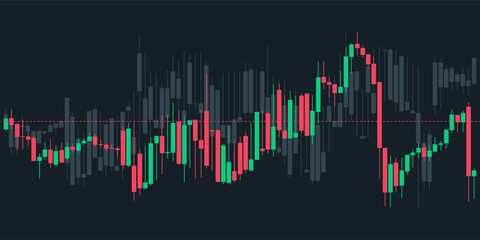 Japanese candlestick graph charts on dark background with dash line. Market investment. Forex trading, stock exchange and crypto price technical analysis vector illustration. Traders tool