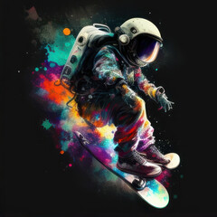 man in spacesuit riding a skateboard covered in colorful paint Generative AI