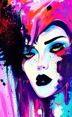 Paint drip impressionist fantasy portrait of the face of a beautiful young goth or punk woman. Vivid colors. Generative AI art painting.