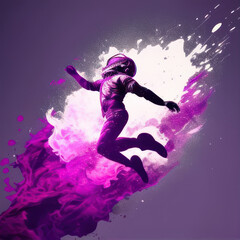 a woman in a space suit is flying through the air and background of white pink smoke and paint concept Generative AI