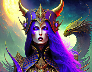 Fantasy sorceress with purple hair, helmet with intricate patterns and golden horns with a dragon in the background. Generative AI sci-fi illustration.	