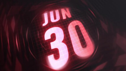 30 June in 3d motion graphic. Infrared calendar in futuristic and tech glowing neon for takes, commemoratives in led and etc. 4k in loop