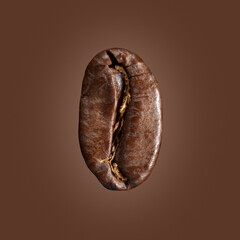 Close-up macro photography of one roasted coffee bean on a matching color background