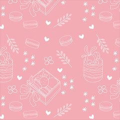 Vector seamless pattern with confectionery, desserts and decorative elements in cartoon style white on pink background. For textiles, wallpapers, wrapping paper, backgrounds