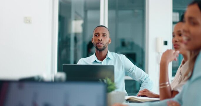 Networking, data analysis or black man in meeting on laptop for analytics, planning or project management in office. Research, goals or collaboration on tech for communication, strategy or review