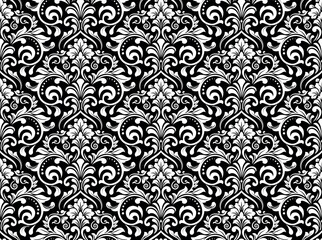 Wallpaper in the style of Baroque. Seamless vector background. White and black floral ornament. Graphic pattern for fabric, wallpaper, packaging. Ornate Damask flower ornament - obrazy, fototapety, plakaty