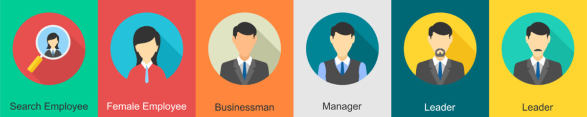 A set of 6 Business icons as search employee, female employee, businessman