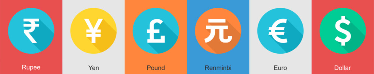 A set of 6 Business icons as rupee, yen, pound