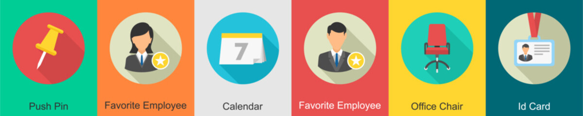 A set of 6 Business icons as push pin, female employee, calendar