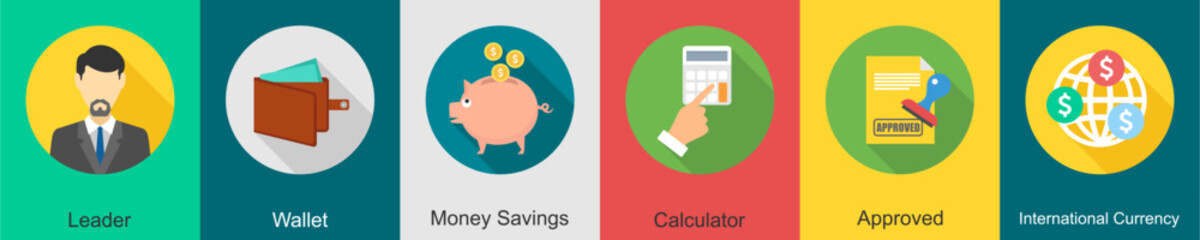 A set of 6 Business icons as leader, wallet, money savings