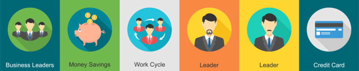 A set of 6 Business icons as business leaders, money savings, work cycle