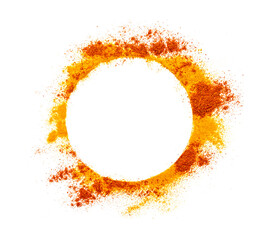 Mix of paprika and turmeric or curcuma isolated on round white blank frame, space for text, design...
