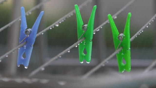 Wet colors clothespins in the rain